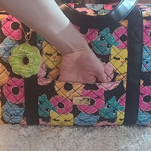 Betsey Johnson Weekender Bag: Donut+ Cat Design with Black Background. - Picture 5 of 12
